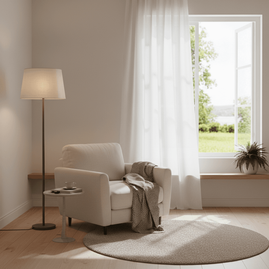 Clean peaceful room with a comfortable chair, lamp, and open window with soft daylight