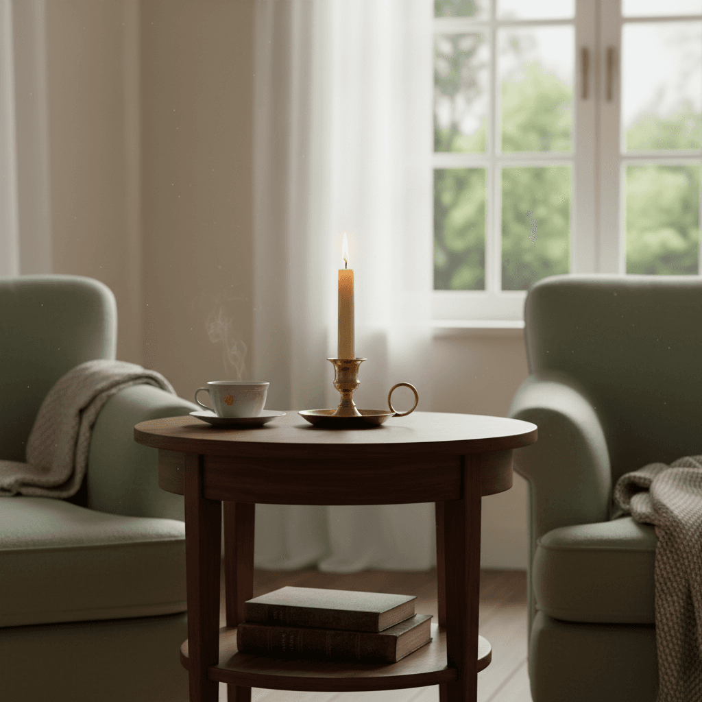 Lit candle in a quiet corner