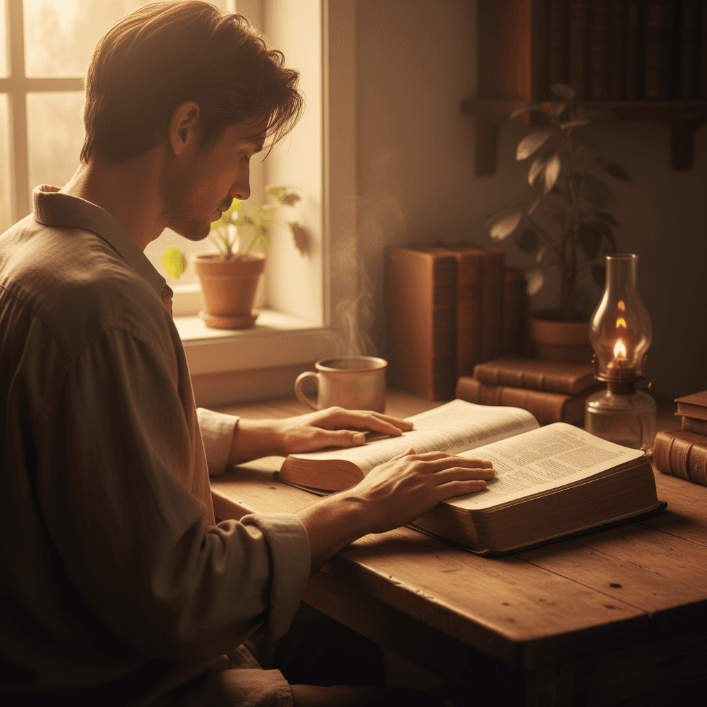 Person sitting peacefully at a wooden table with an open bible in quiet amber light