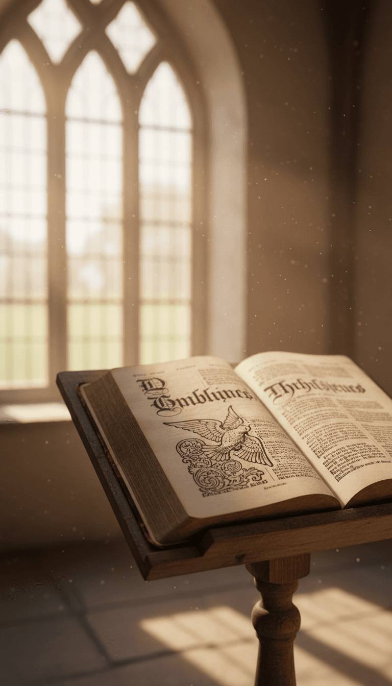 Open Bible on a wooden lectern in soft morning light