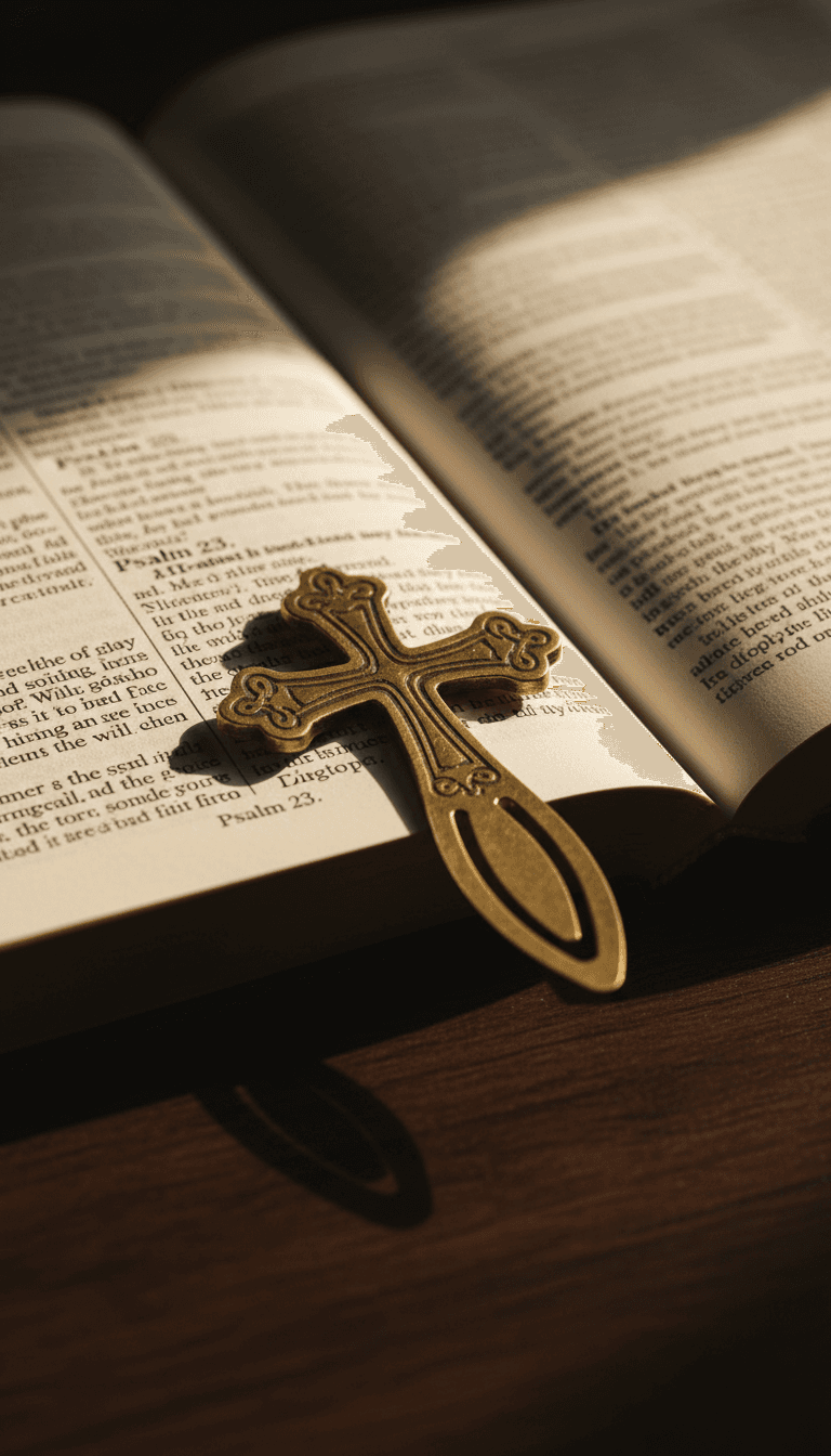 Cross-shaped brass bookmark on an open Bible page