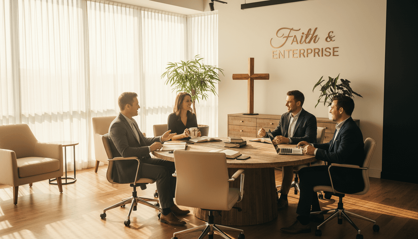 Professional christian business owners in modern office with natural lighting and warm atmosphere
