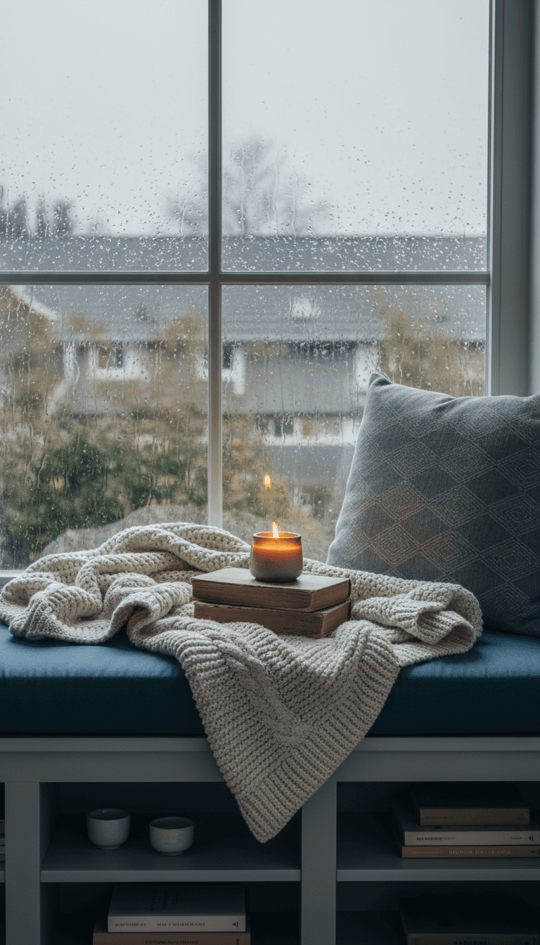 Cozy reading nook by a rainy window with books and a candle