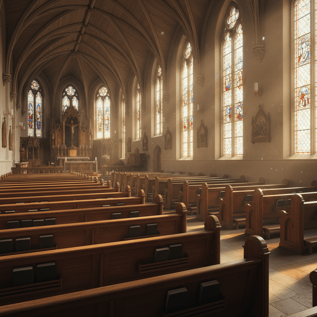 Sunlight through church windows onto wooden pews