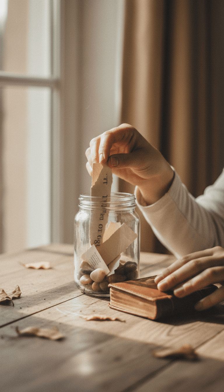 Person placing a torn page into a glass jar on a wooden desk