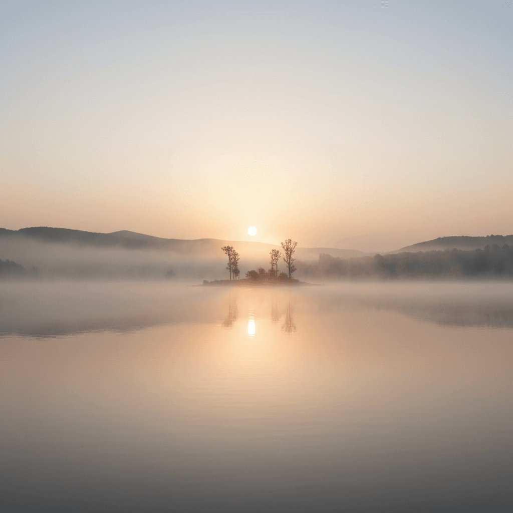 Serene lake view with mist, gentle morning light and a calm peaceful atmosphere