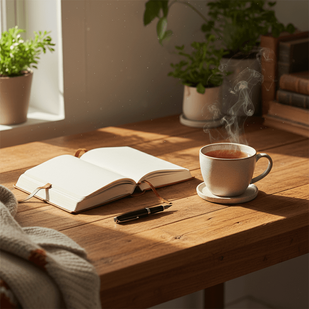 Warm wooden desk with an open journal, cup of tea, and soft natural light