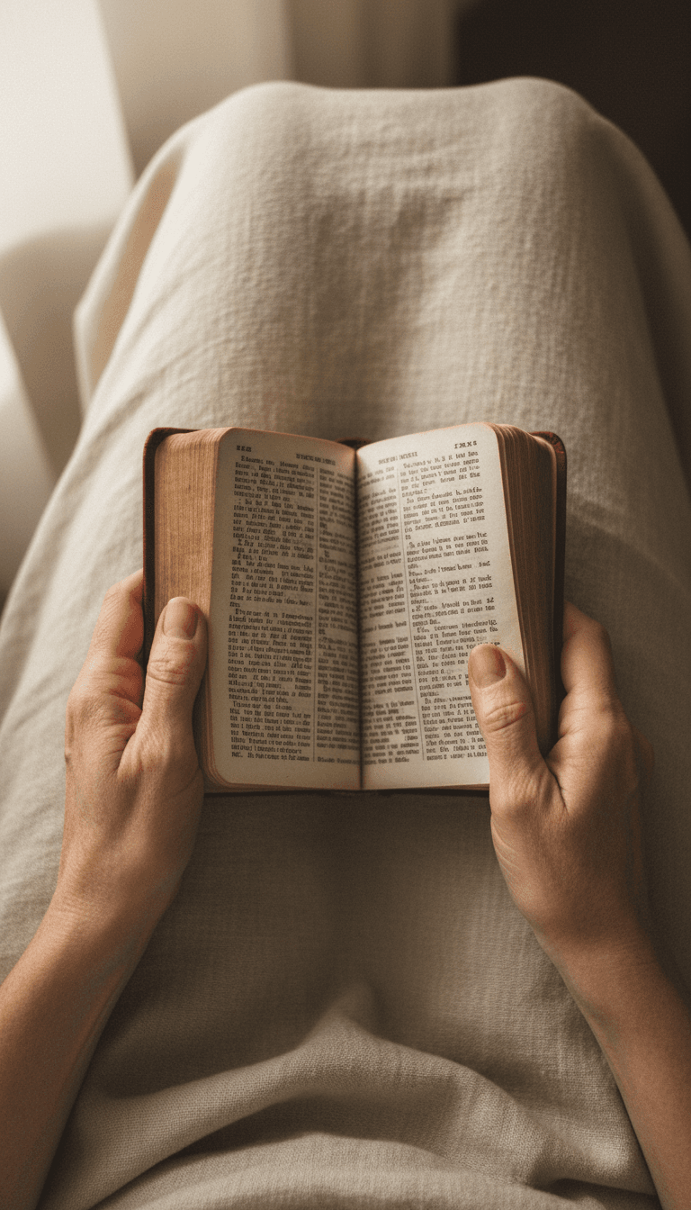 Hands holding a well-worn paperback Bible on a lap
