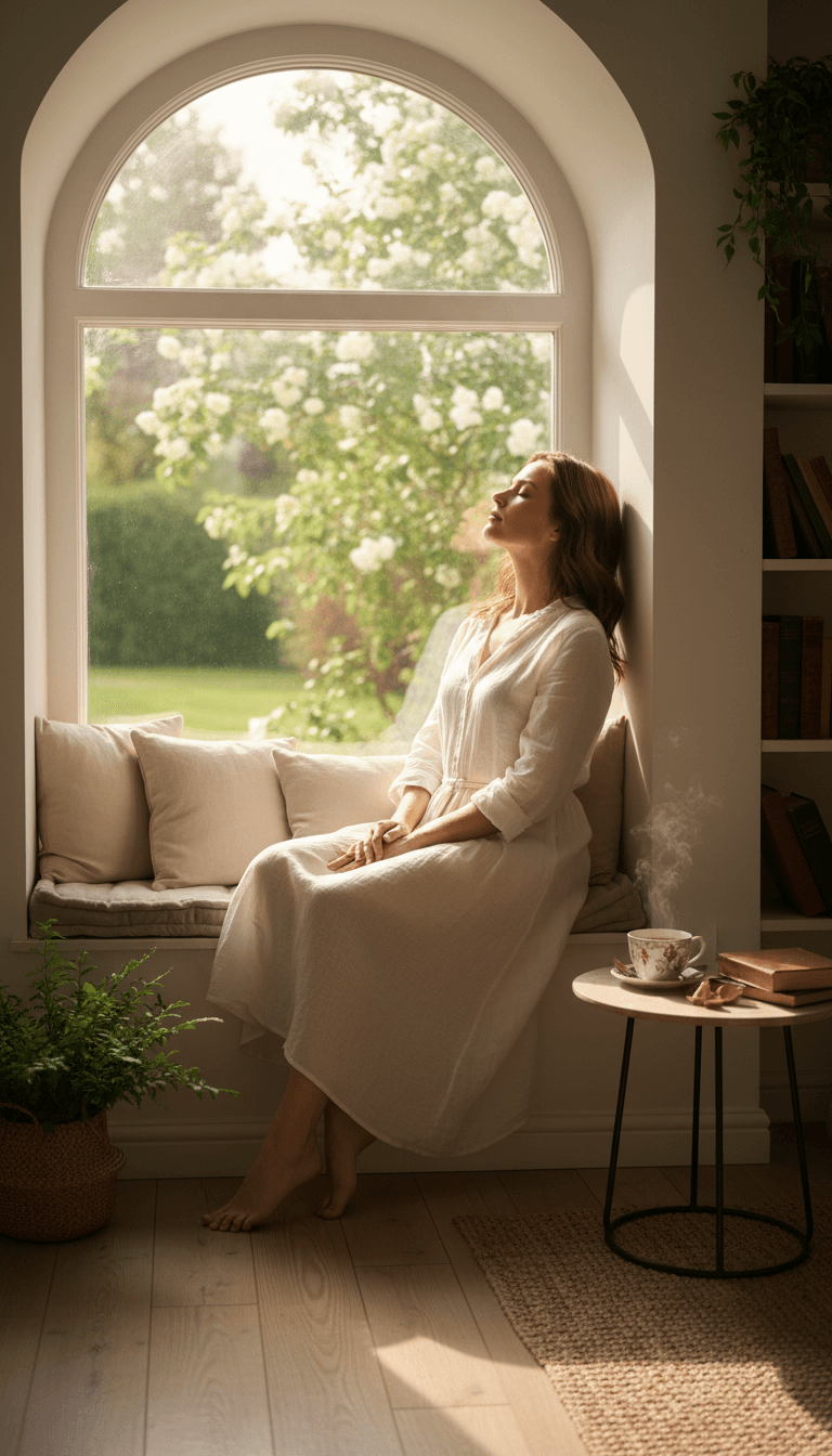 Woman sitting by a bright window in quiet reflection, soft natural light around her