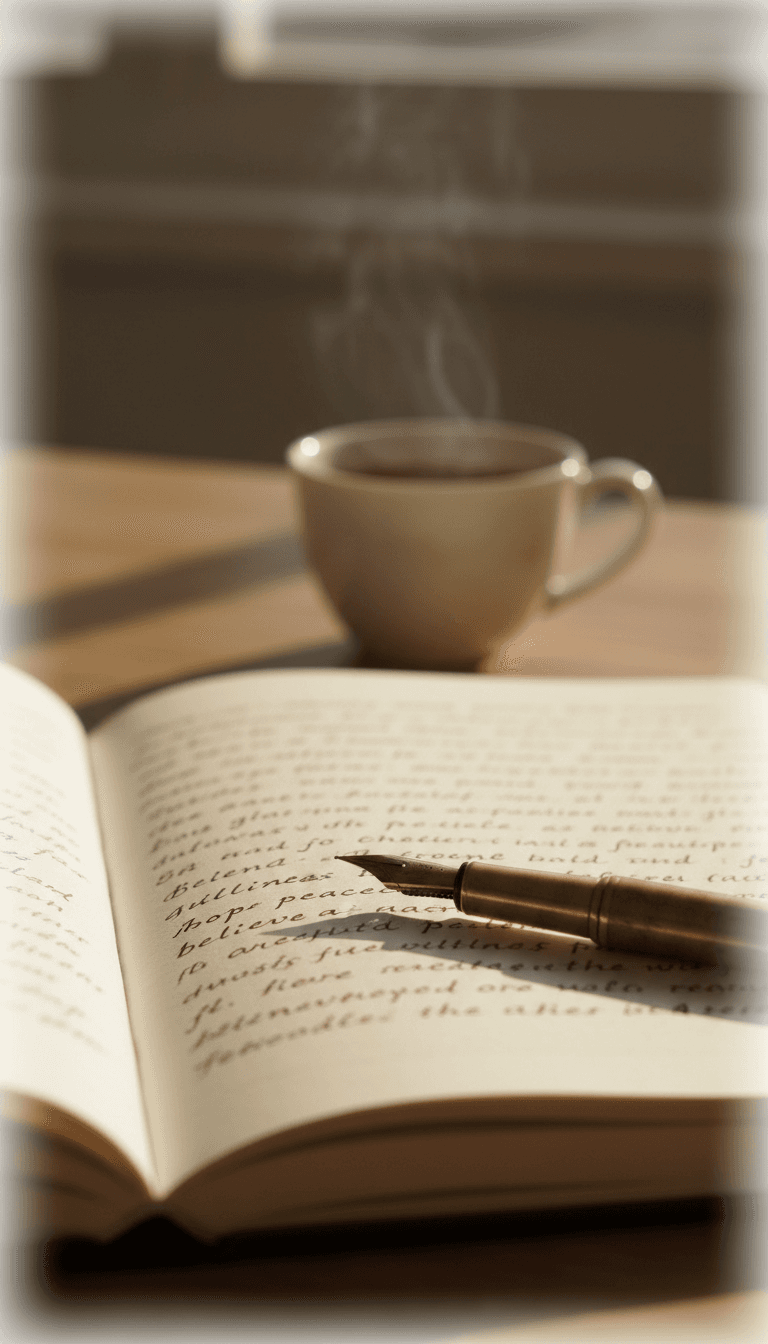 Handwritten journal page with a fountain pen and a cup of tea