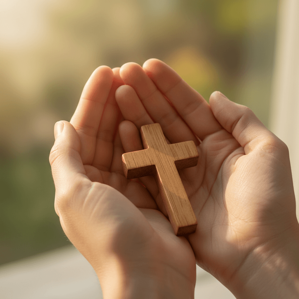 A close-up of a person's hands gently holding a small wooden cross, warm natural light, serene and peaceful atmosphere, shallow depth of field.