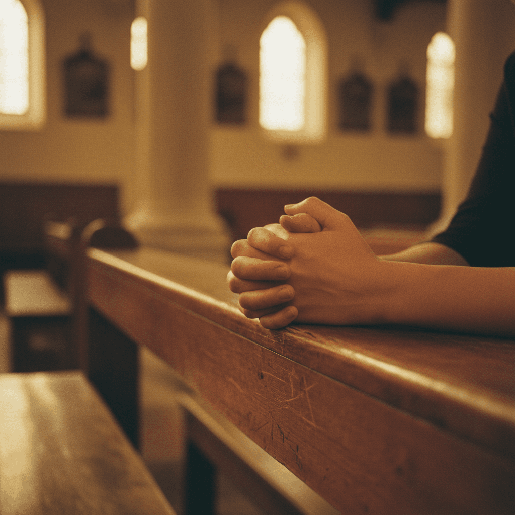 Soft, intimate candlelit aesthetic. Close-up of hands gently folded in prayer resting on a weathered wooden bench, captured in warm amber light from a single candle nearby.