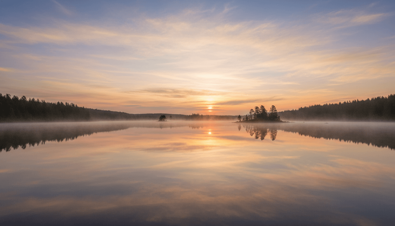 Calm sunrise over a still lake, symbolizing peace and healing