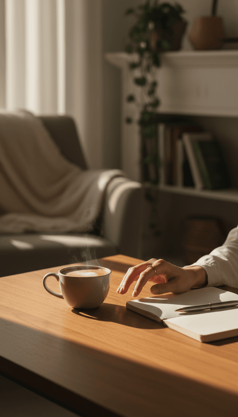 A warm, editorial aesthetic medium shot of a hand resting on a simple wooden table, with a cup of coffee and a small open notebook nearby.