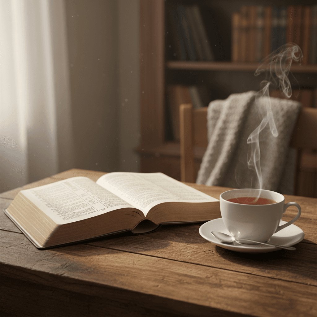 Open Bible with a cup of tea
