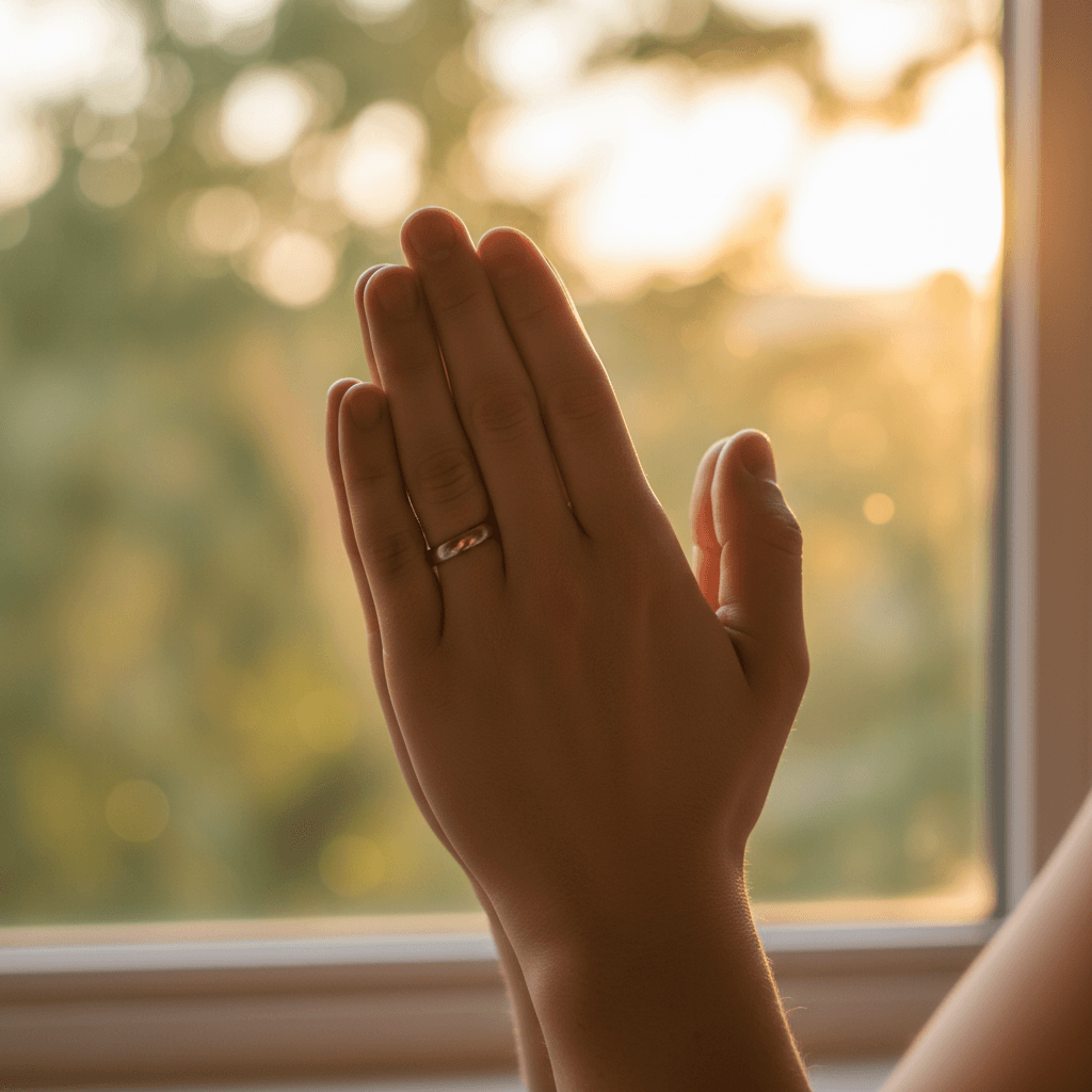 Hands gently clasped in quiet prayer near soft window light