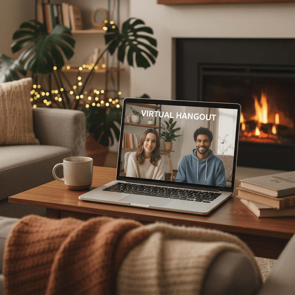 Person having a calm video conversation on a laptop in a cozy home setting