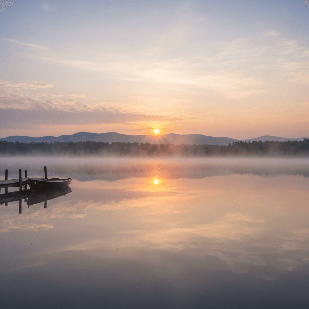 Calm lake at sunrise with mist