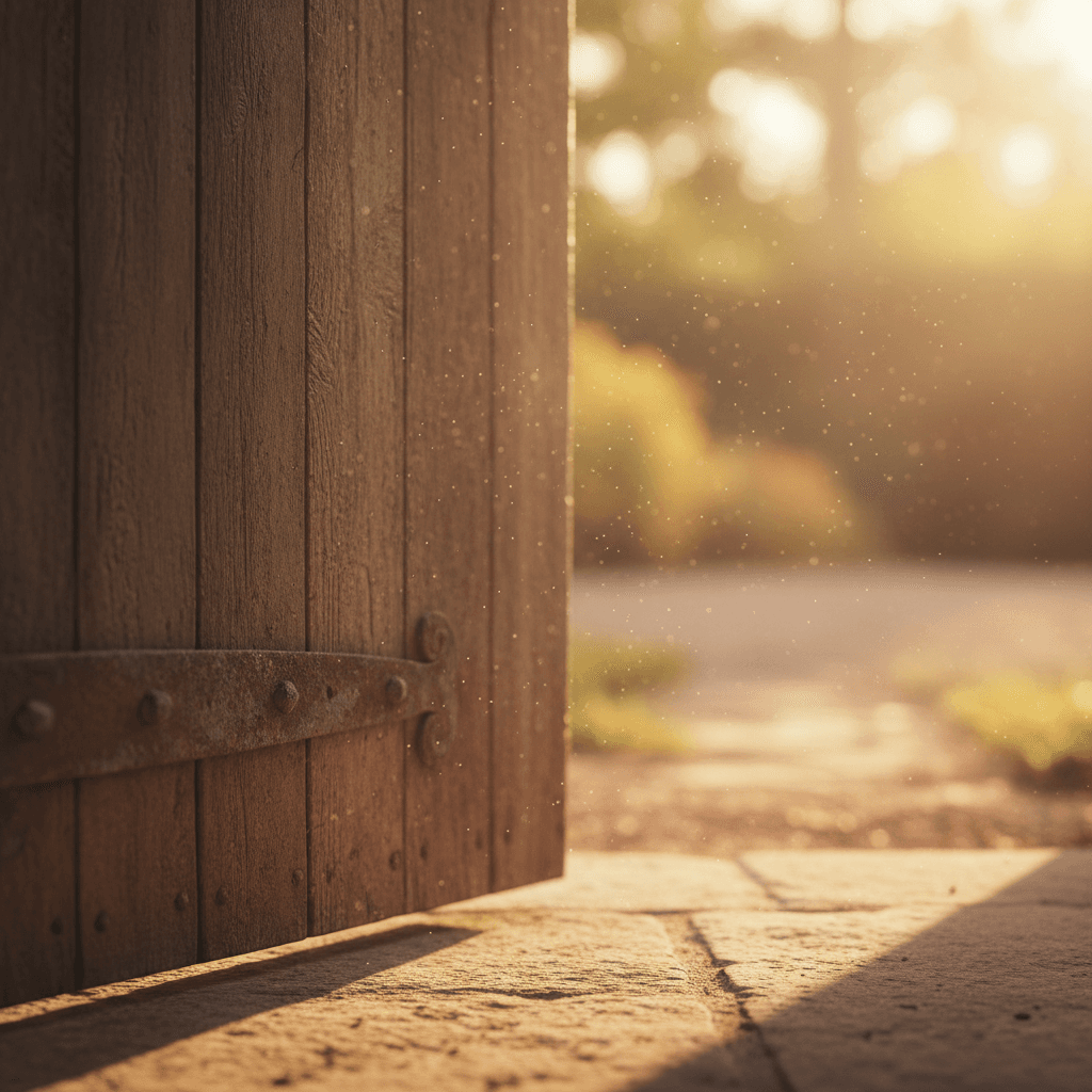 A warm, soft-focus detail shot of an open wooden chapel door with sunlight streaming through, old bronze hinge, inviting composition, shallow depth of field.