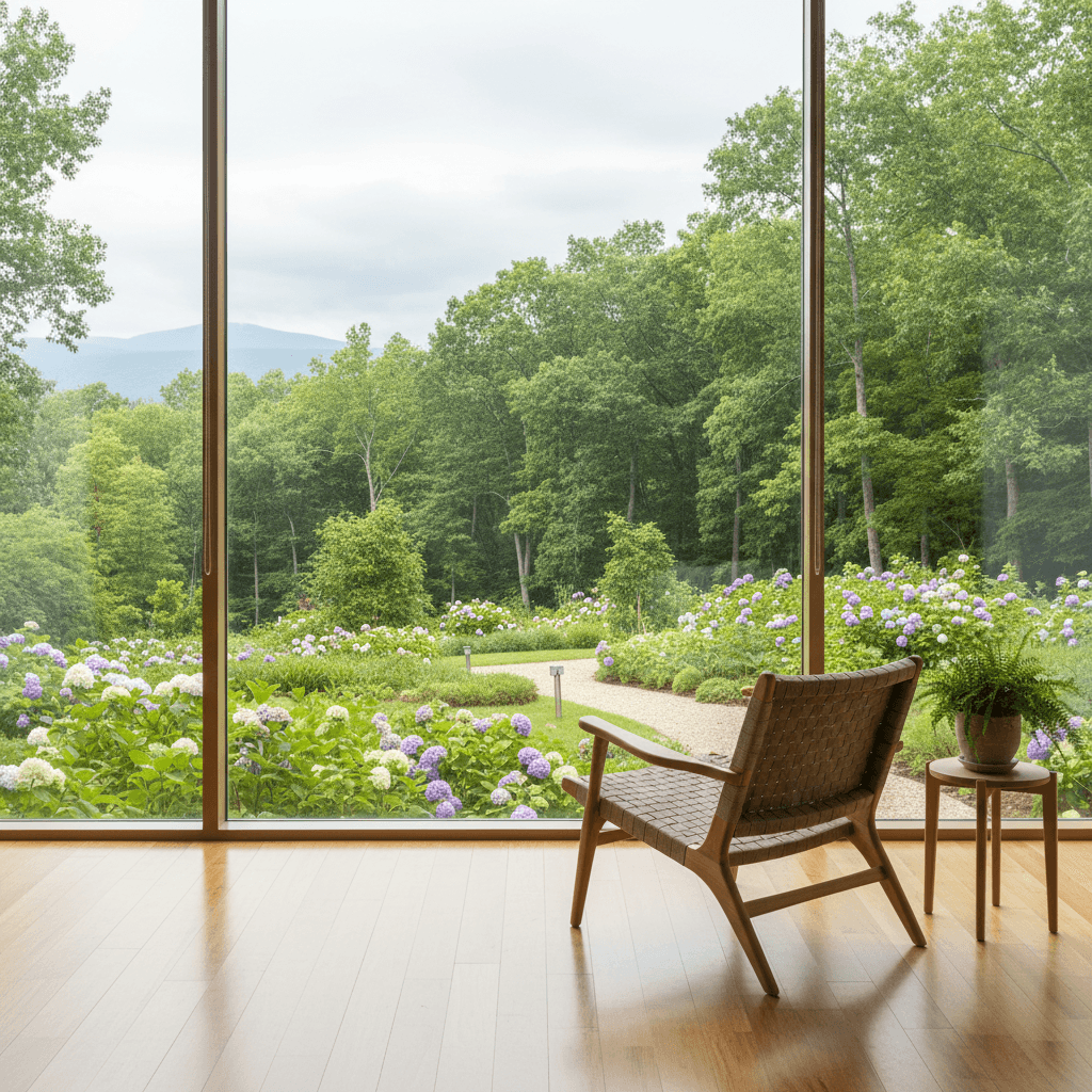 Empty chair by a window overlooking a garden